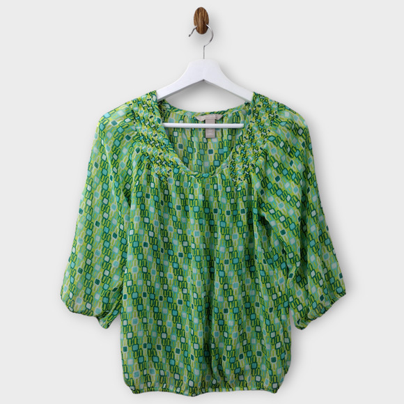 Banana Republic Blouse Womens Medium Petite Green Sheer Scoop Neck Boho Pullover - Picture 1 of 3